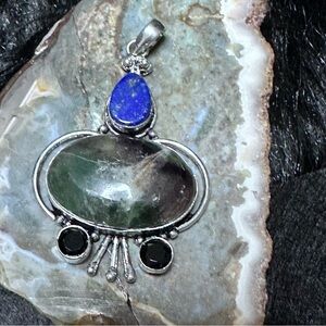 Artisan Handcrafted Jewelry Green Fluorite and Lapis Lazuli Pendant Art to Wear